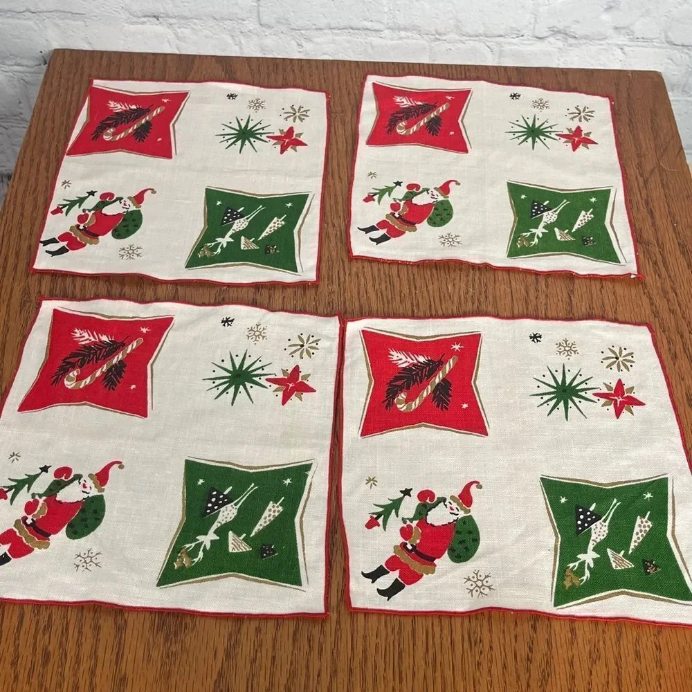 Antique Festive MCM Holiday Napkins set of 4 Red, Green, Gold in retro designs